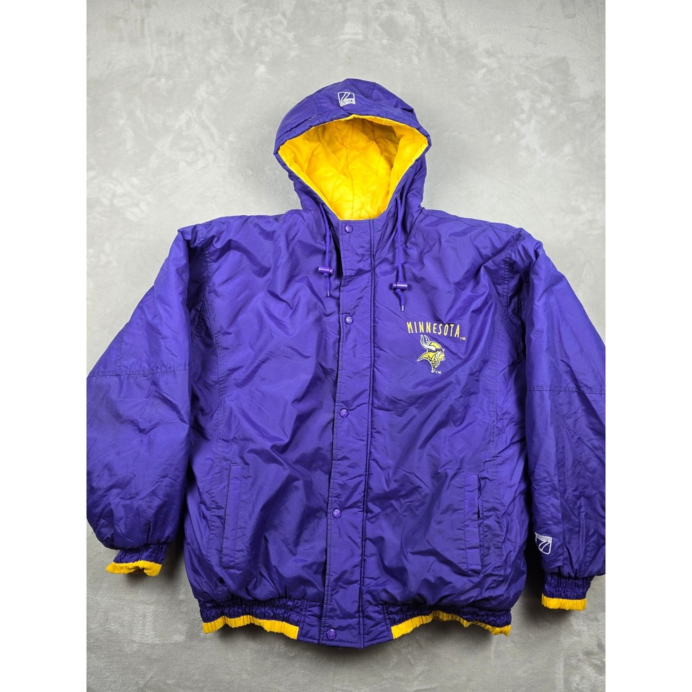 Vintage Logo 7 Minnesota Vikings Puffer Coat Mens‎ XL Purple Lined Hood *Read